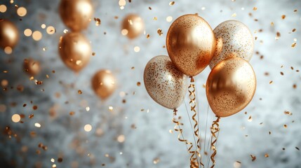 Golden balloons floating with falling confetti, celebrating a festive occasion