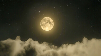 Fototapeta premium Enchanting full moon casting a soft glow over wispy clouds and twinkling stars in the serene night sky, with celestial beauty and cosmic ambiance