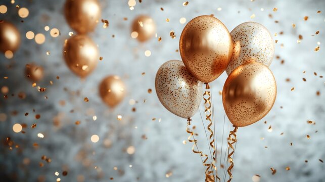 Golden balloons floating with falling confetti, celebrating a festive occasion