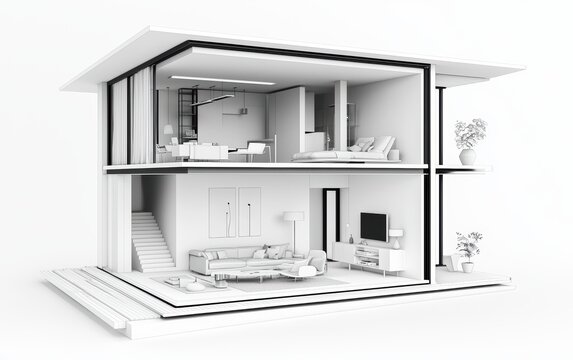 3D icon cartoon of a minimalist black-and-white apartment cutaway with clean lines, monochrome furniture, and modern lighting, isolated on a white background