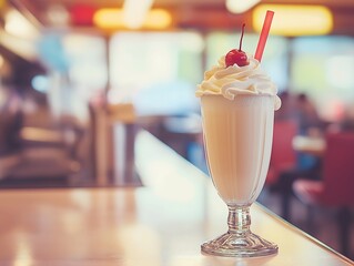 Creamy milkshake topped with whipped cream and cherry in retro diner