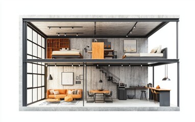 3D icon cartoon of a small industrial loft cutaway with raw concrete walls, steel beams, and minimalistic decor, isolated on a white background