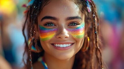 Obraz premium Young woman smiling with rainbow glitter makeup at pride parade