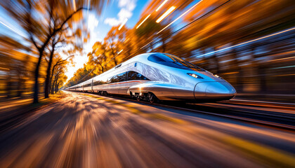 Fototapeta premium High-speed train in sharp focus with motion-blurred landscape, emphasizing speed.
