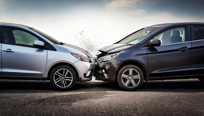 Obraz premium Car collision between a silver and black vehicle in an urban area during daytime hours