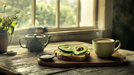 A country-style breakfast with avocado toast, a steaming cup of coffee, and a small bowl of flaky salt, arranged on a farmhouse kitchen table