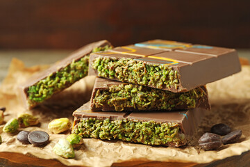 Pieces of Dubai chocolate bar with pistachios, knafeh and cacao chips on table, closeup
