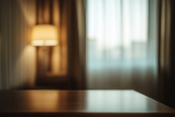 Fototapeta premium Empty wooden table in dimly lit room with window and lamp.