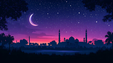 Night cityscape, crescent moon, stars, mosque, palm trees, peaceful background, Ramadan greeting card