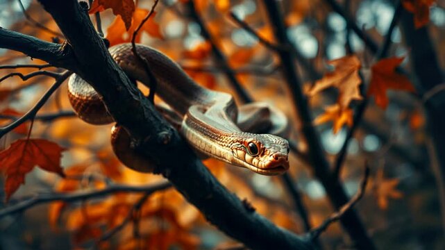 Close-up of a snake moving on a branch against a blurred  autumn background