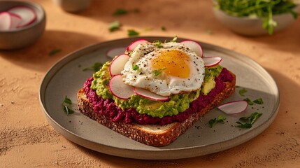 A gourmet avocado toast plated with a smear of beet hummus, layered with radish and a poached egg, styled against a warm terracotta backdrop