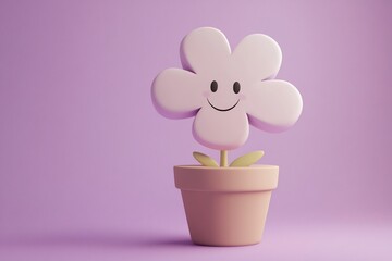 Happy cartoon flower in pot on purple background.