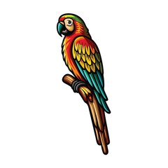 Create a vibrant, editable stroke vector illustration of a colorful parrot perched on a branch, suitable for various design projects.