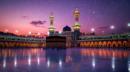 Obraz premium Night view of Mecca's Grand Mosque, Kaaba reflecting, starlit sky
