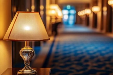 Illuminated table lamp in hotel corridor.