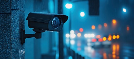 Rainy Night Surveillance: City Security Camera in the Rain