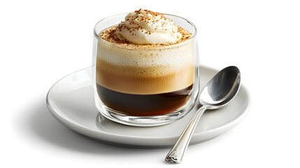 Smooth Italian Espresso Macchiato in Glass with Whipped Cream and Chocolate Shavings