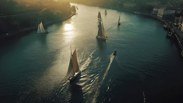 Traditional sailboats gracefully navigating Douro River at sunset, creating a picturesque scene in Porto, Portugal