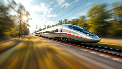 Fototapeta premium High-speed train in sharp focus with motion-blurred landscape, emphasizing speed.