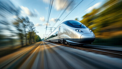 High-speed train in sharp focus with motion-blurred landscape, emphasizing speed.