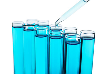 Dripping liquid into test tubes on white background