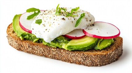 A perfectly arranged avocado toast with thinly sliced radish and a poached egg, served on sourdough bread, isolated on a clean white background