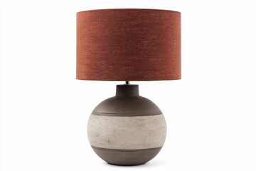 Modern table lamp with round ceramic base and burnt orange fabric shade.