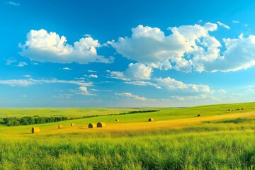 Fototapeta premium Panoramic natural landscape with green grass, golden field of harvested wheat with bales and blue sky with clouds. Colorful summer panorama of combination of yellow and green fields