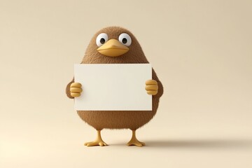 Obraz premium Cute fluffy brown bird holding blank sign.