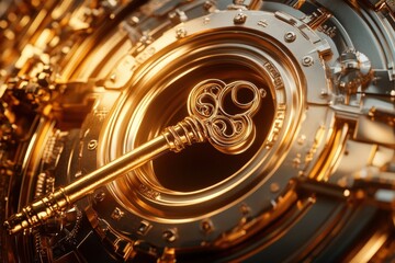 Luxurious golden key unlocking a futuristic mechanism in a digital realm. Generative AI