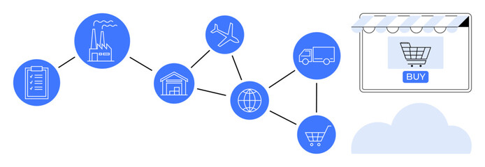 Sequence of icons representing manufacturing, warehousing, transportation, global connectivity, and online shopping. Ideal for logistics, supply chain management, global trade, e-commerce digital