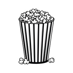 Create a vector illustration of an overflowing popcorn bucket, editable stroke, ready for animation.  Include detailed textures and realistic shadows.