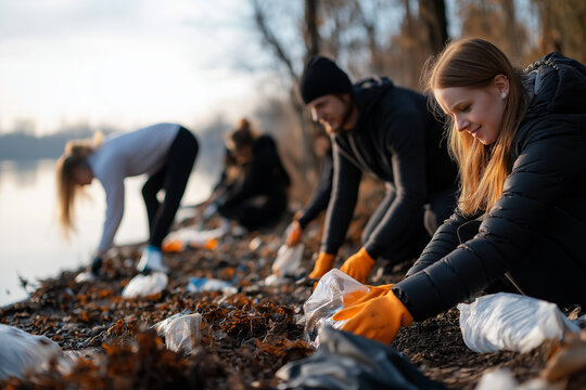 A group of volunteers cleaning up litter in a natural environment, promoting environmental conservation and sustainability through community efforts