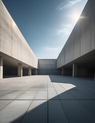 "3D render of dark black futuristic architecture with an empty concrete floor, featuring geometric structures, ideal for product showcases, car presentations, branding, and advertising backgrounds
