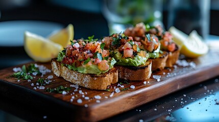 An isolated shot of avocado toast elegantly placed on a wooden serving board, with fresh lemon wedges and pink Himalayan salt sprinkled around