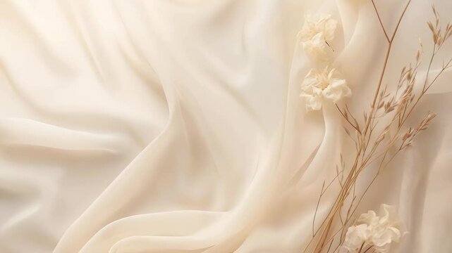 Beige silk fabric flows gently, adorned with dried flowers and wheat, creating a serene and elegant aesthetic