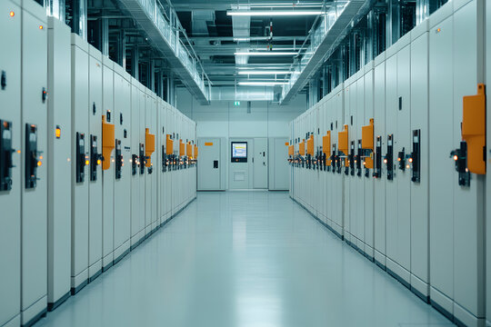 Data Center Servers: Rows of industrial-grade servers in a climate-controlled data center. Advanced tech and engineering infrastructure.
