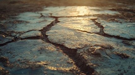 Cracked dry earth surface with sunset reflection