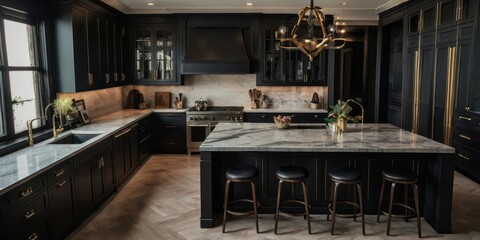 Luxurious dark kitchen featuring marble countertops and golden accents