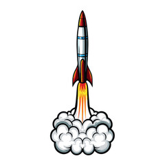 Create an editable stroke vector graphic of a rocket launching into space, showcasing fiery exhaust and vibrant star trails.