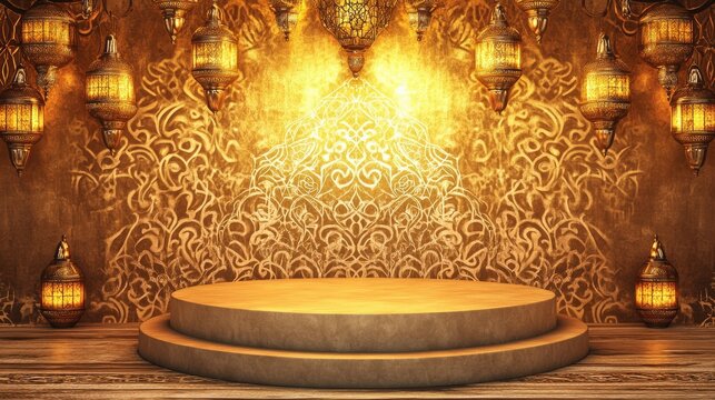 Elegant Golden Lanterns and Ornate Wooden Stage Background for Festive Events