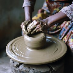 Fototapeta premium A potter shaping clay on a spinning wheel, their hands carefully molding a vase into