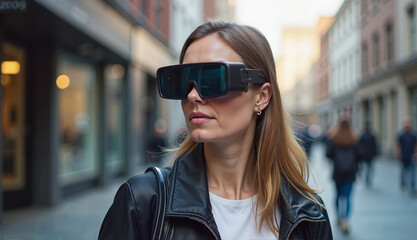 Person wearing smart glasses for visual assistance in an urban sidewalk setting, close-up view
