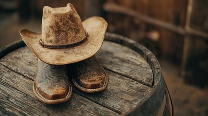 Rustic cowboy hat and boots on barrel country setting photography warm atmosphere close-up heritage