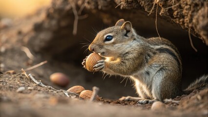 Obraz premium Playful squirrel with a curious mood holding a nut in a natural setting