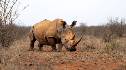 Fototapeta premium White Rhinoceros Grazing in African Savanna