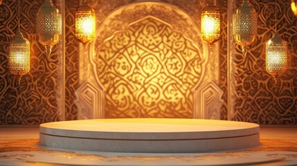 Elegant Round Platform Display Islamic Arabic Golden Lanterns Background