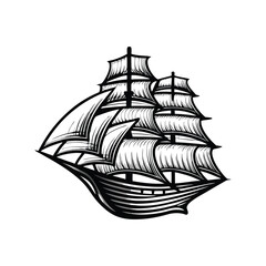 Create a highly detailed, editable stroke vector graphic of a classic sailing ship, showcasing intricate rigging and sails.  Include realistic textures.