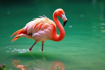 Pink flamingo wading in shallow, green-tinged water, photography, green