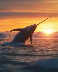 Fototapeta premium A narwhal whale breaching the water at sunset with dramatic lighting